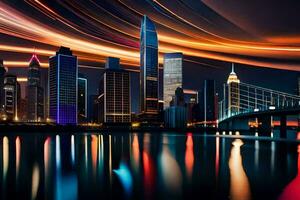 un ciudad horizonte a noche con luces y largo exposición. generado por ai foto