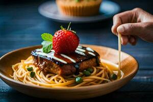 a plate of spaghetti with a strawberry on top. AI-Generated photo