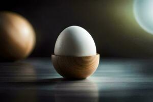 an egg in a wooden egg cup. AI-Generated photo