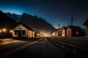 a train tracks in the middle of a town at night. AI-Generated photo