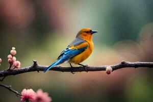 a colorful bird sits on a branch with pink flowers. AI-Generated photo