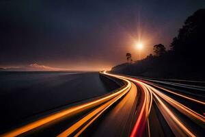 un largo exposición fotografía de un autopista a noche. generado por ai foto