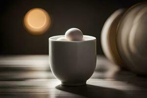 a white cup with eggs in it on a table. AI-Generated photo