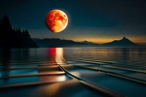 the moon is seen over the water in front of mountains. AI-Generated photo