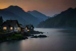 a house sits on the shore of a lake at sunset. AI-Generated photo