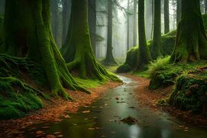 a stream runs through a forest with green trees. AI-Generated photo