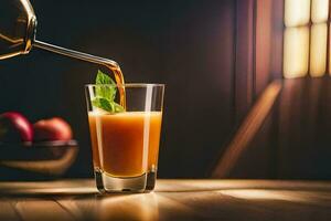 a glass of juice being poured into a pitcher. AI-Generated photo