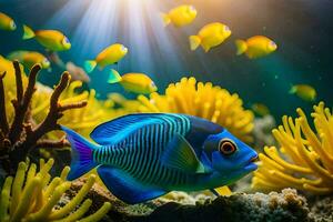 a blue fish and yellow fish are swimming in the ocean. AI-Generated photo