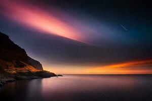 a colorful sky and a long exposure photograph of the ocean. AI-Generated photo