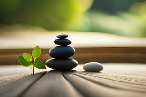 a stack of stones and a plant on a wooden table. AI-Generated photo