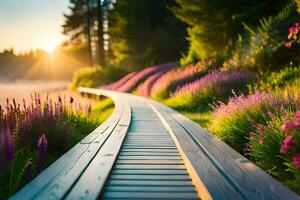 a wooden path leads to a field of flowers. AI-Generated photo