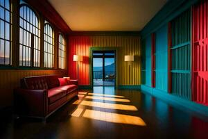 a room with colorful walls and a red couch. AI-Generated photo