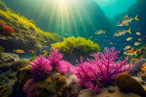 the sun shines over a coral reef with fish and corals. AI-Generated photo