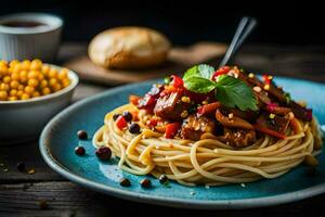 spaghetti with meat and vegetables on a blue plate. AI-Generated photo