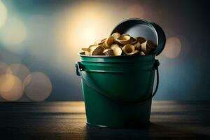 a bucket filled with coins on a table. AI-Generated photo