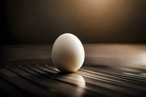 an egg sitting on top of a wooden table. AI-Generated photo