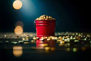 a red bucket filled with peanuts on a table. AI-Generated photo