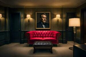 el habitación tiene un rojo sofá y un retrato de un hombre. generado por ai foto