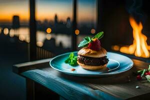a burger on a plate with a view of the city. AI-Generated photo