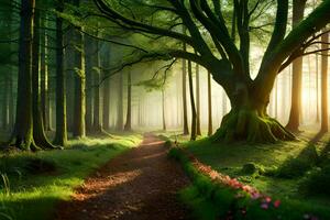 un camino mediante un bosque con arboles y flores generado por ai foto