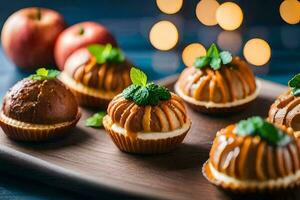 apple desserts on a wooden tray with lights in the background. AI-Generated photo