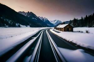 a train traveling down a snowy road. AI-Generated photo