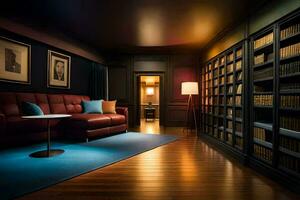 a room with a red couch and bookshelves. AI-Generated photo