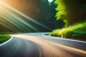 a car driving down a country road with the sun shining. AI-Generated photo
