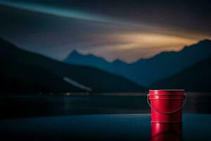 a red bucket sitting on a table in front of a lake. AI-Generated photo
