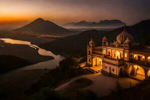the sunset over a beautiful building in india. AI-Generated photo