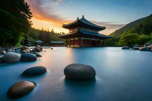 el Dom conjuntos terminado un pagoda en el medio de un río. generado por ai foto