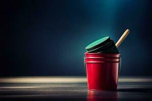 a red bucket with a wooden spoon in it. AI-Generated photo