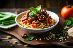 spaghetti with meat and vegetables in a bowl. AI-Generated photo