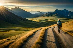 a man walking down a dirt road in the mountains. AI-Generated photo