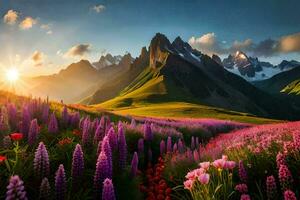 the sun rises over the mountains and flowers in the foreground. AI-Generated photo