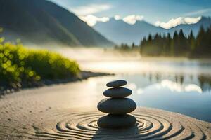 zen stones on the shore of a lake. AI-Generated photo