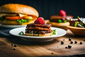 a hamburger with bbq sauce and berries on a plate. AI-Generated photo