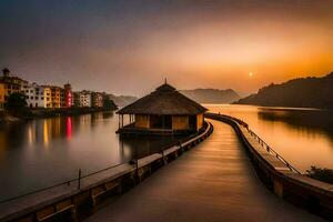 a long bridge leads to a small hut on the water. AI-Generated photo