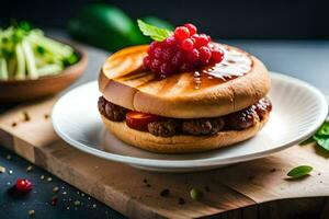 a hamburger with berries and a knife. AI-Generated photo
