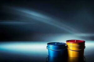 two colorful buckets sit on a table in front of a dark background. AI-Generated photo