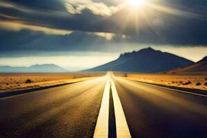 un largo vacío la carretera en el Desierto con el Dom brillante. generado por ai foto