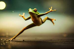 a frog jumping in the air with its legs spread. AI-Generated photo