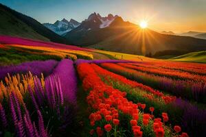 the sun rises over a field of flowers and mountains. AI-Generated photo