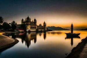 el puesta de sol terminado el lago en udaipur, India. generado por ai foto