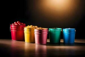 colorful buckets of different foods on a dark background. AI-Generated photo