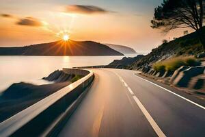 un coche conducción en un la carretera con el Dom ajuste detrás él. generado por ai foto