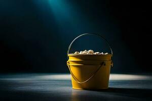 a bucket of popcorn on a dark floor. AI-Generated photo