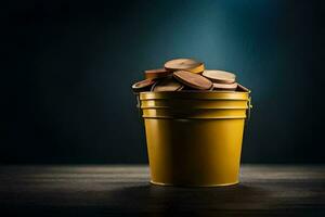 a yellow bucket filled with coins on a dark background. AI-Generated photo