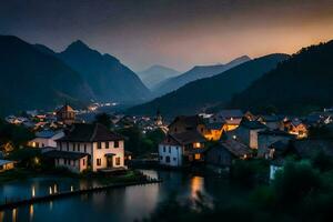 foto fondo de pantalla el cielo, montañas, agua, casas, aldea, noche, el montañas, agua. generado por ai