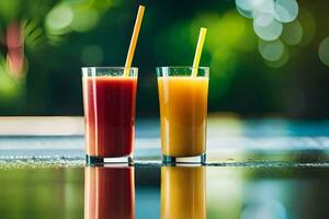 two glasses of orange juice with straws on a table. AI-Generated photo